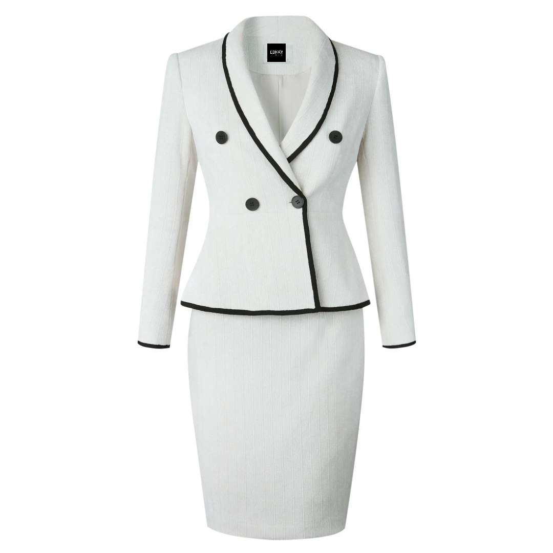 Beige Piped Peplum Tweed Skirt Suit Women’s Chequered Blazer Set – product shot on a plain background