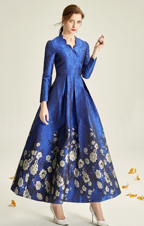 Blue Floral Brocade Formal Mum Dress Long Sleeve Tea-Length – front view, worn by a model