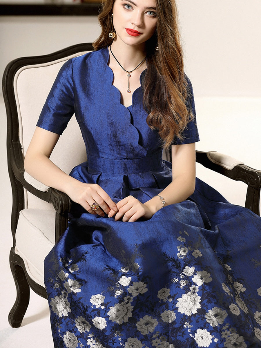Blue Floral Jacquard A-Line Mum Dress Short Sleeves – styled on a model