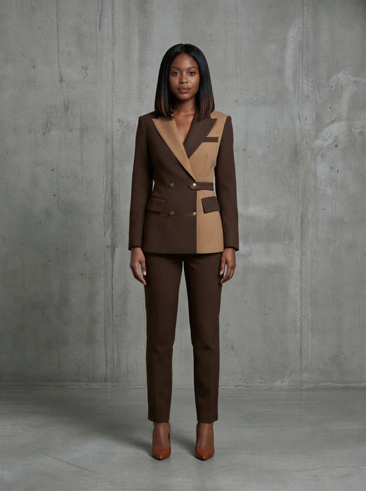 Brown Double Breasted Two-Tone Belted Trouser Suit Women's Suit – another front view, worn by a model