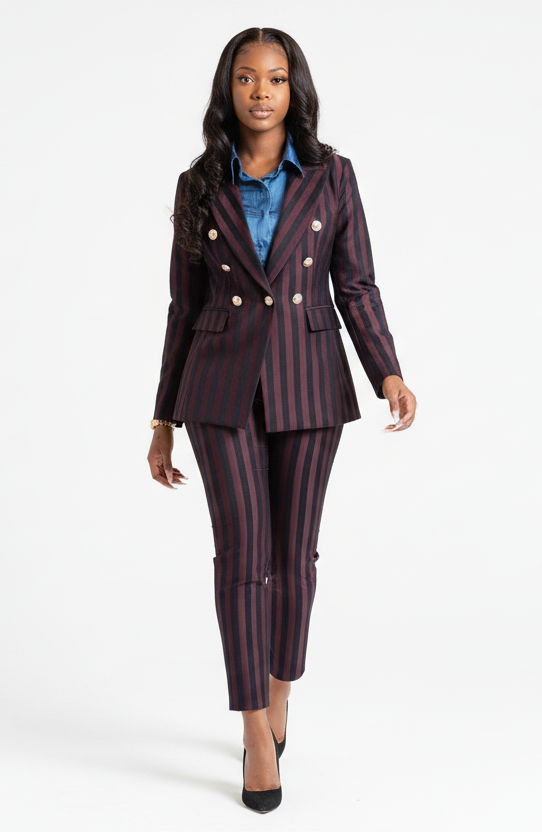 Burgundy Striped 2-Piece Trouser Suit Double Breasted Blazer – another front view, worn by a model