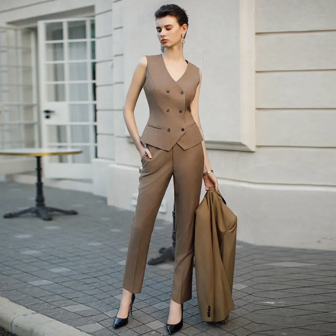 Coffee Brown 3-Piece Midi Trouser Suit Women's Tailored Suit – another front view, worn by a model