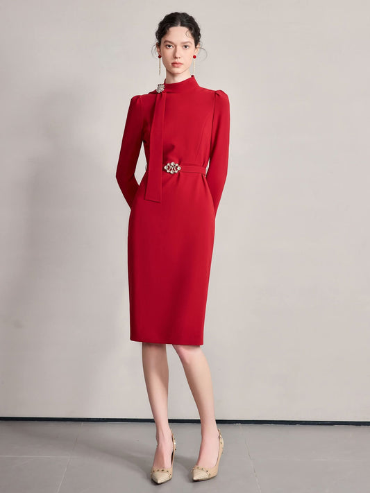 Crimson Valeria Dress High Neckline Jewelled Brooch Pencil Skirt – another front view, worn by a model