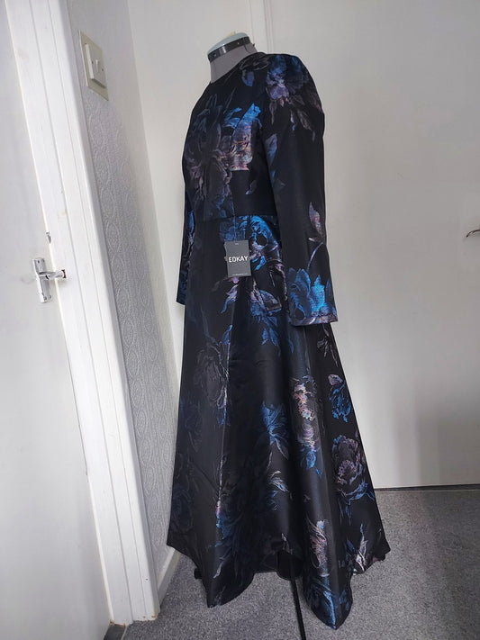 Dark Blue Jacquard Floral Formal Mother of the Bride Dress Midi – shown on a dress form