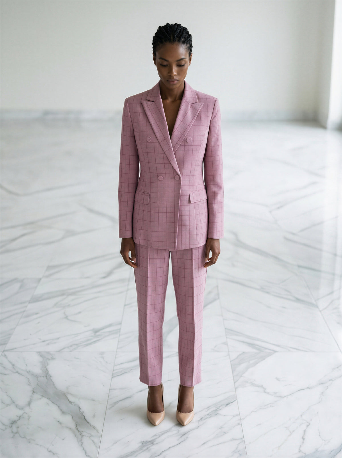 Double Breasted Pink Plaid 2-Piece Trouser Suit Women’s Business Suit – another front view, worn by a model