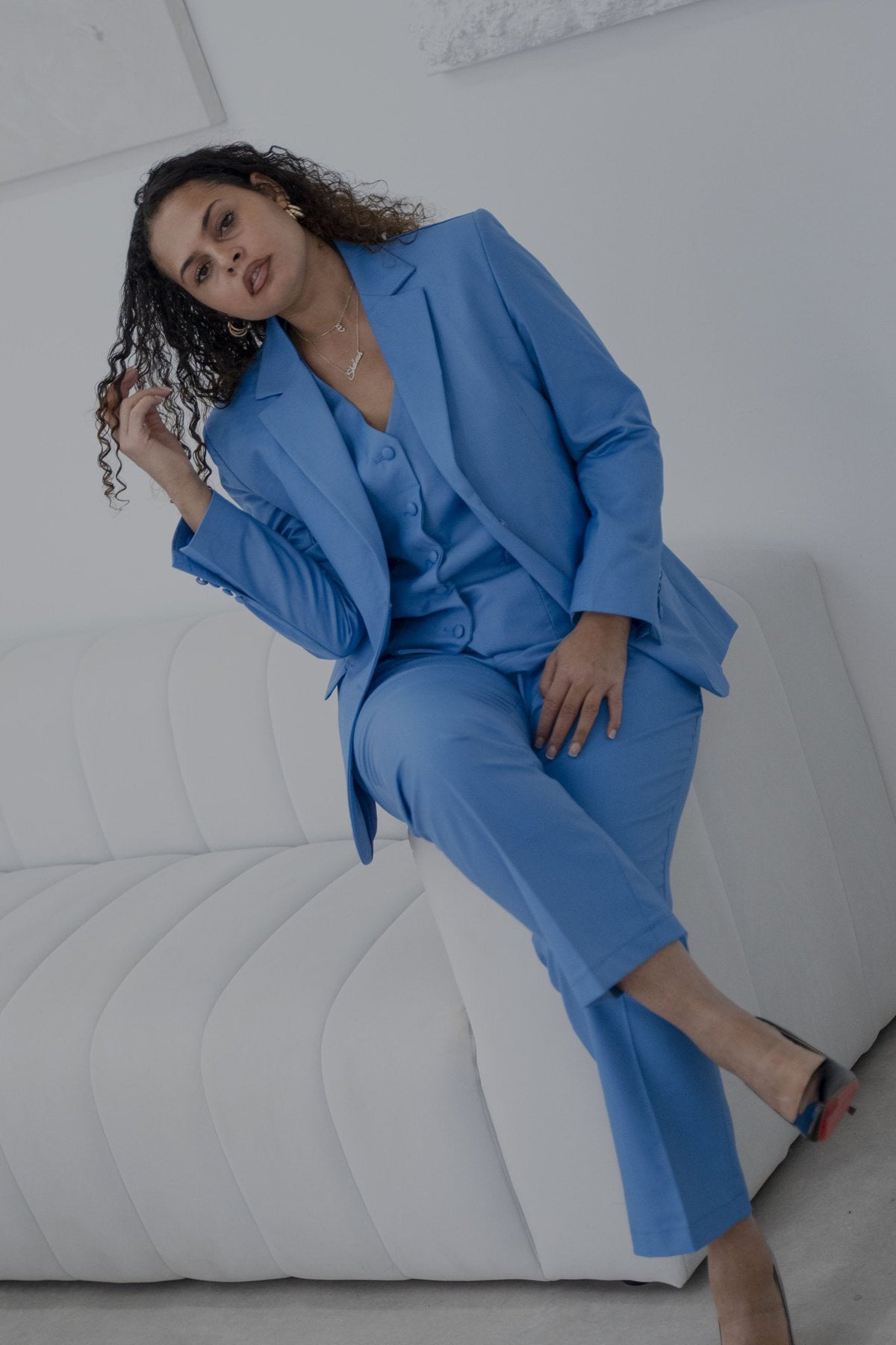 Elegant Vivid Blue 3-Piece Trouser Suit Women’s Tailored Formal Suit – another styled on a model