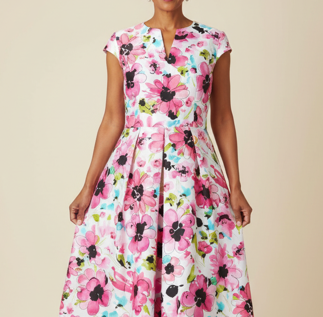Floral Pink Cape Sleeve A-Line Dress Mother of Bride – another front view, worn by a model