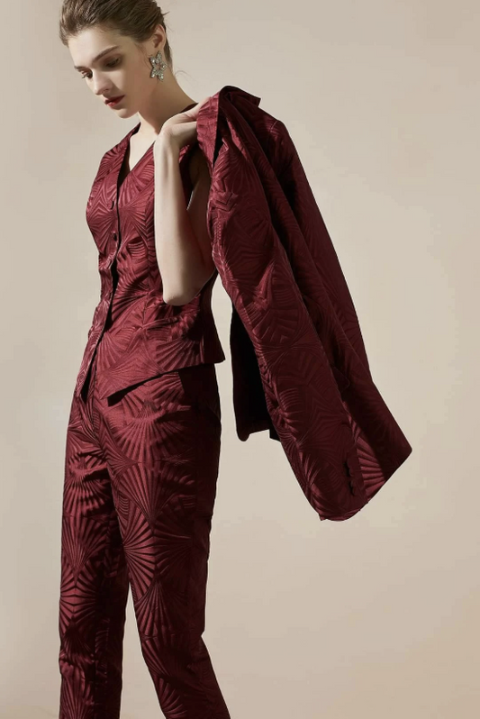Jacquard Burgundy 3-Piece Double Breasted Trouser Suit – close-up of the fabric and details