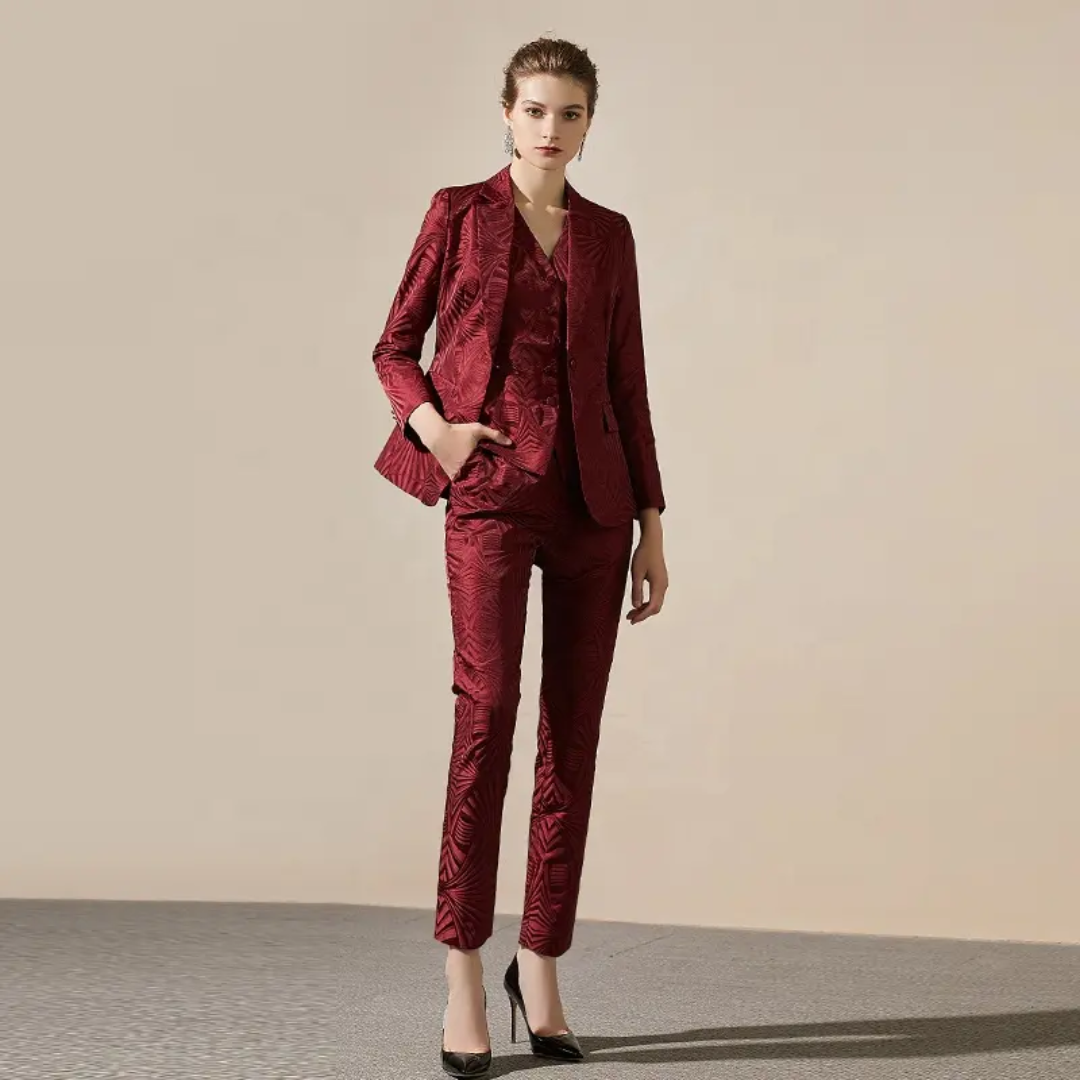 Jacquard Burgundy 3-Piece Double Breasted Trouser Suit – front view, worn by a model