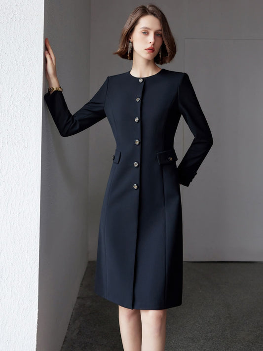 Midnight Sapphire Navy Blue Crepe Dress High Neckline Elegant Tailored – another front view, worn by a model