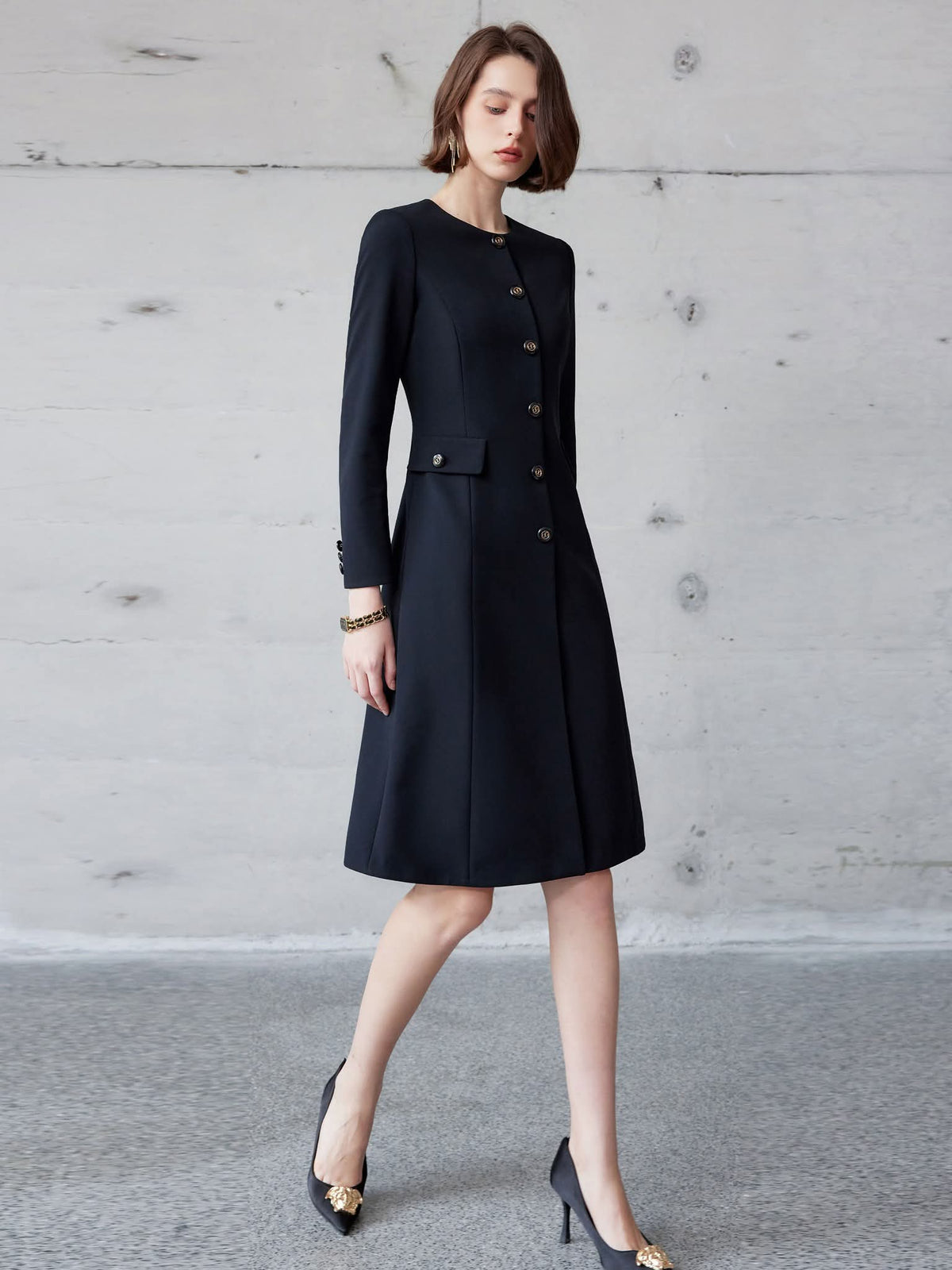 Midnight Sapphire Navy Blue Crepe Dress High Neckline Elegant Tailored – another front view, worn by a model