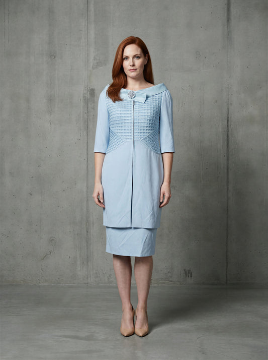 Mother of the Bride Dress Suit Powder Blue Delicate Weave Embellished Cape Neckline – another front view, worn by a model