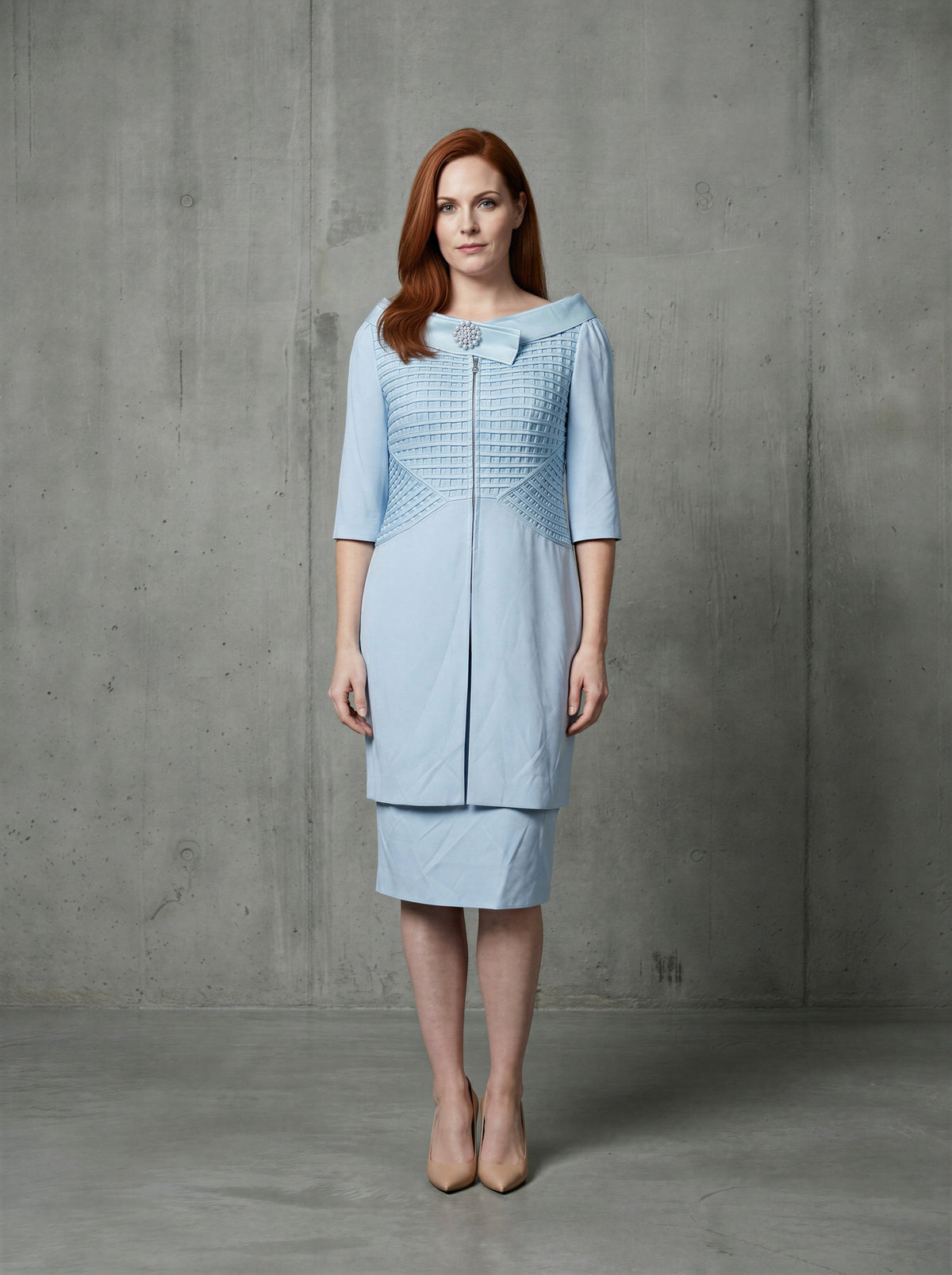 Mother of the Bride Dress Suit Powder Blue Delicate Weave Embellished Cape Neckline – another front view, worn by a model