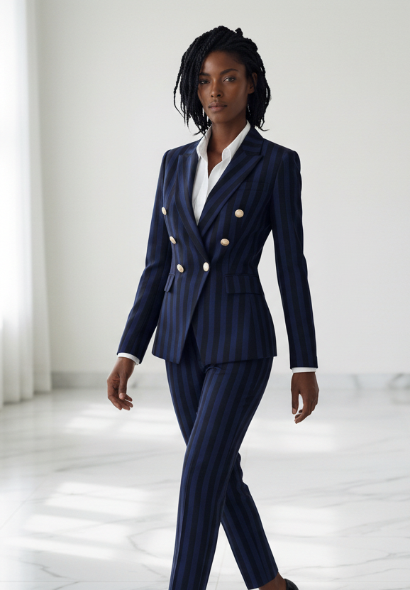 Navy Striped 2-Piece Trouser Suit Double Breasted Blazer – another front view, worn by a model