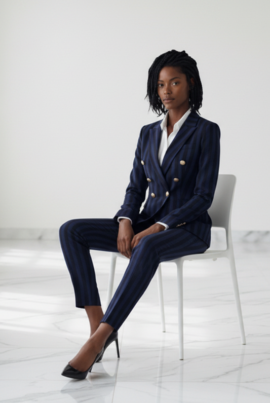 Navy Striped 2-Piece Trouser Suit Double Breasted Blazer – styled on a model