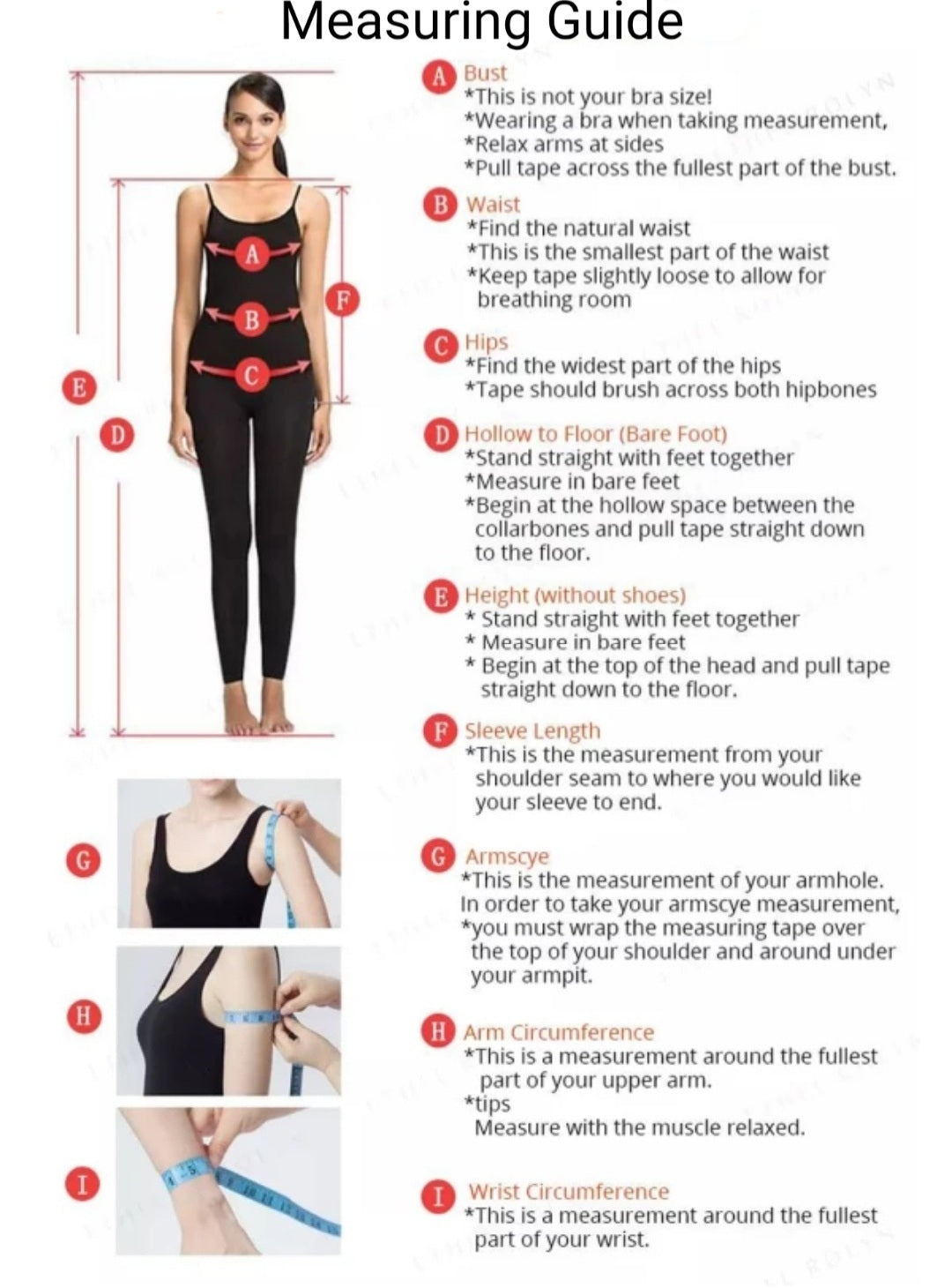 Measuring guide showing how to measure bust, waist, hips and length