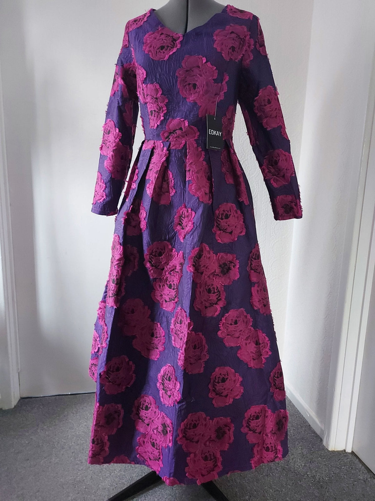Pink Floral Jacquard Satin Midi Mother of the Bride Dress Formal – shown on a dress form