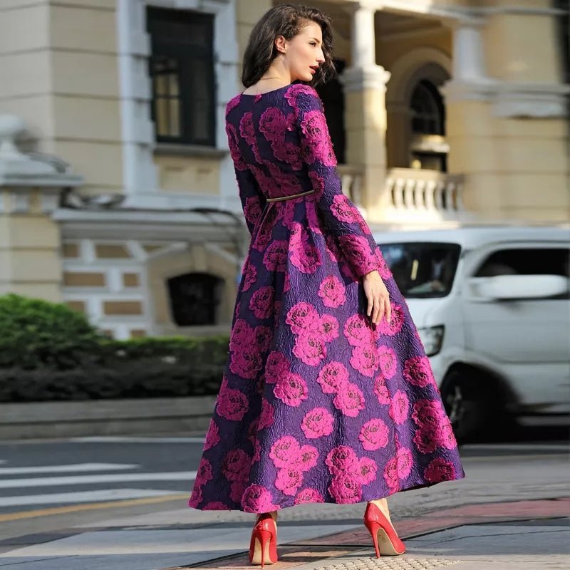 Pink Floral Jacquard Satin Midi Mother of the Bride Dress Formal – another front view, worn by a model
