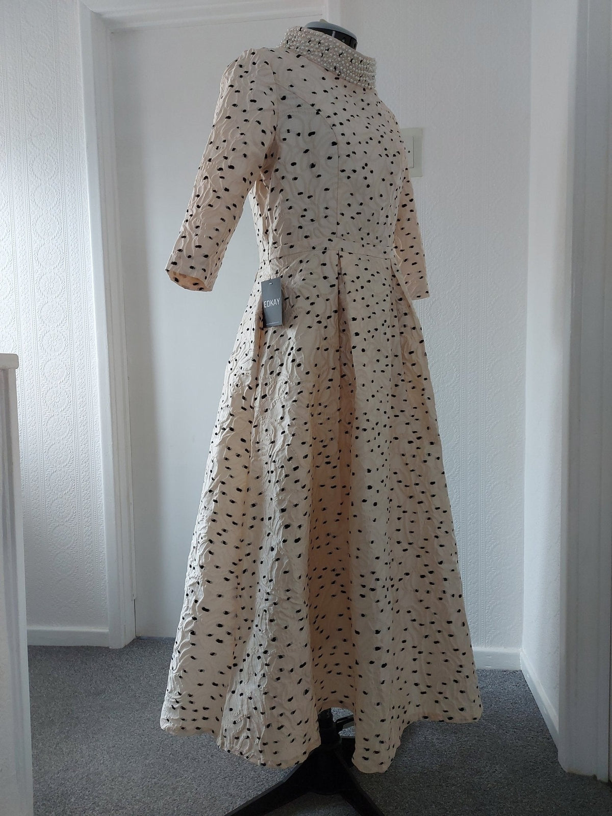 Polka Dot Choker Bridal Dress Retro Midi Sleeve A-Line Tea-Length – shown on a dress form