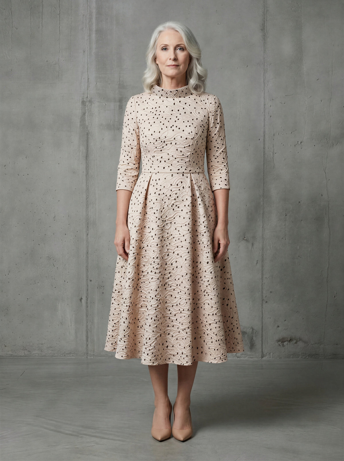 Polka Dot Choker Bridal Dress Retro Midi Sleeve A-Line Tea-Length – another front view, worn by a model