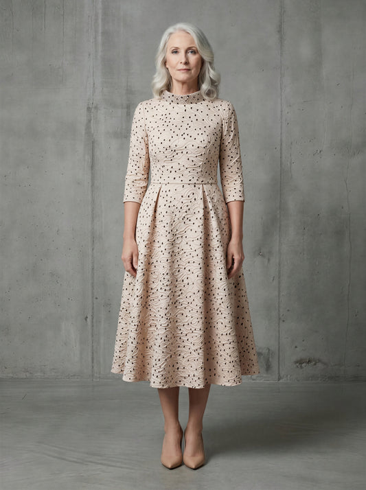 Polka Dot Choker Bridal Dress Retro Midi Sleeve A-Line Tea-Length – another front view, worn by a model