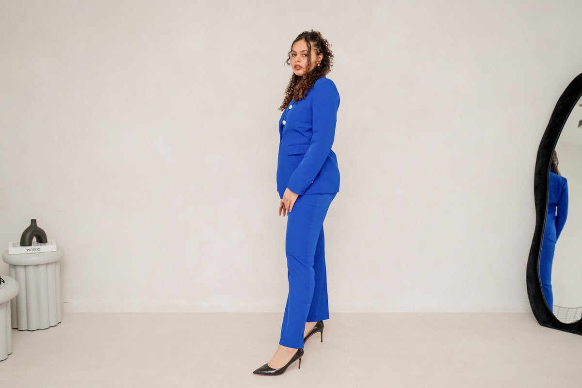 Royal Blue Double Breasted 2-Piece Trouser Suit Professional Fit – another front view, worn by a model