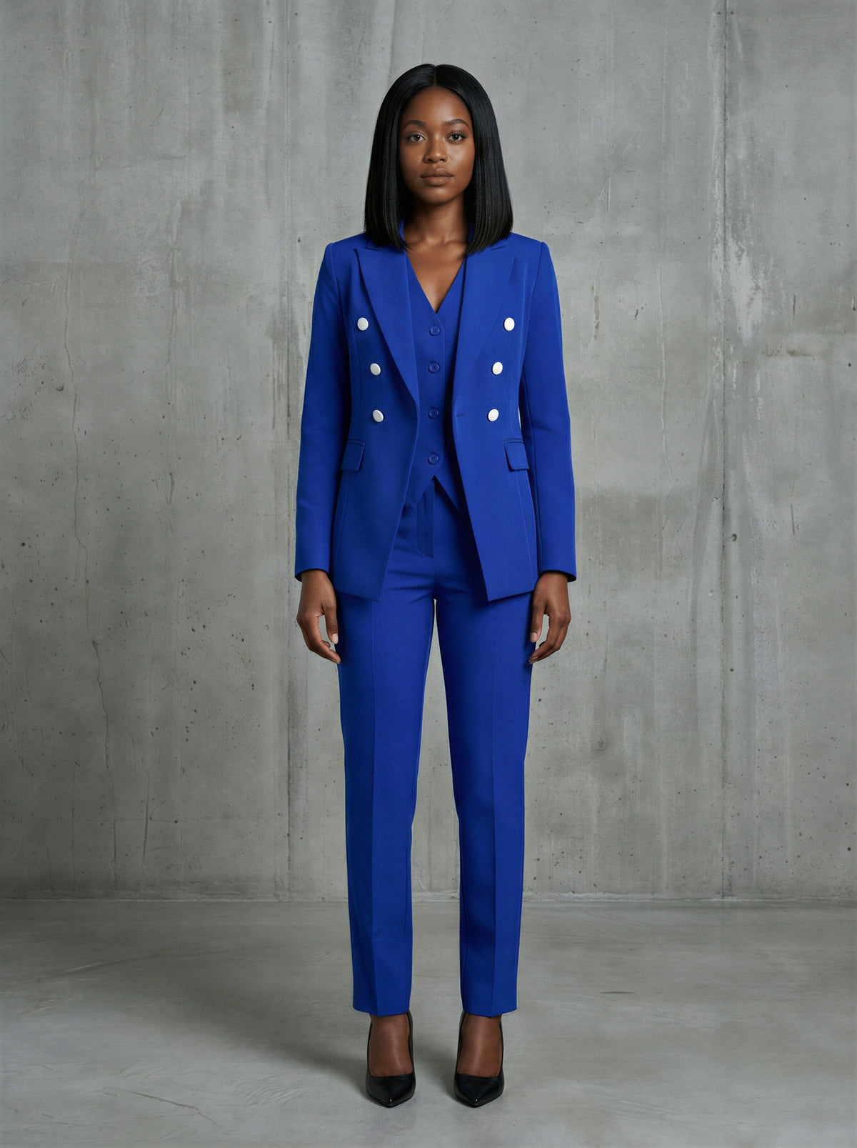 Royal Blue Double Breasted 3-Piece Trouser Suit Elegant Formal – another front view, worn by a model