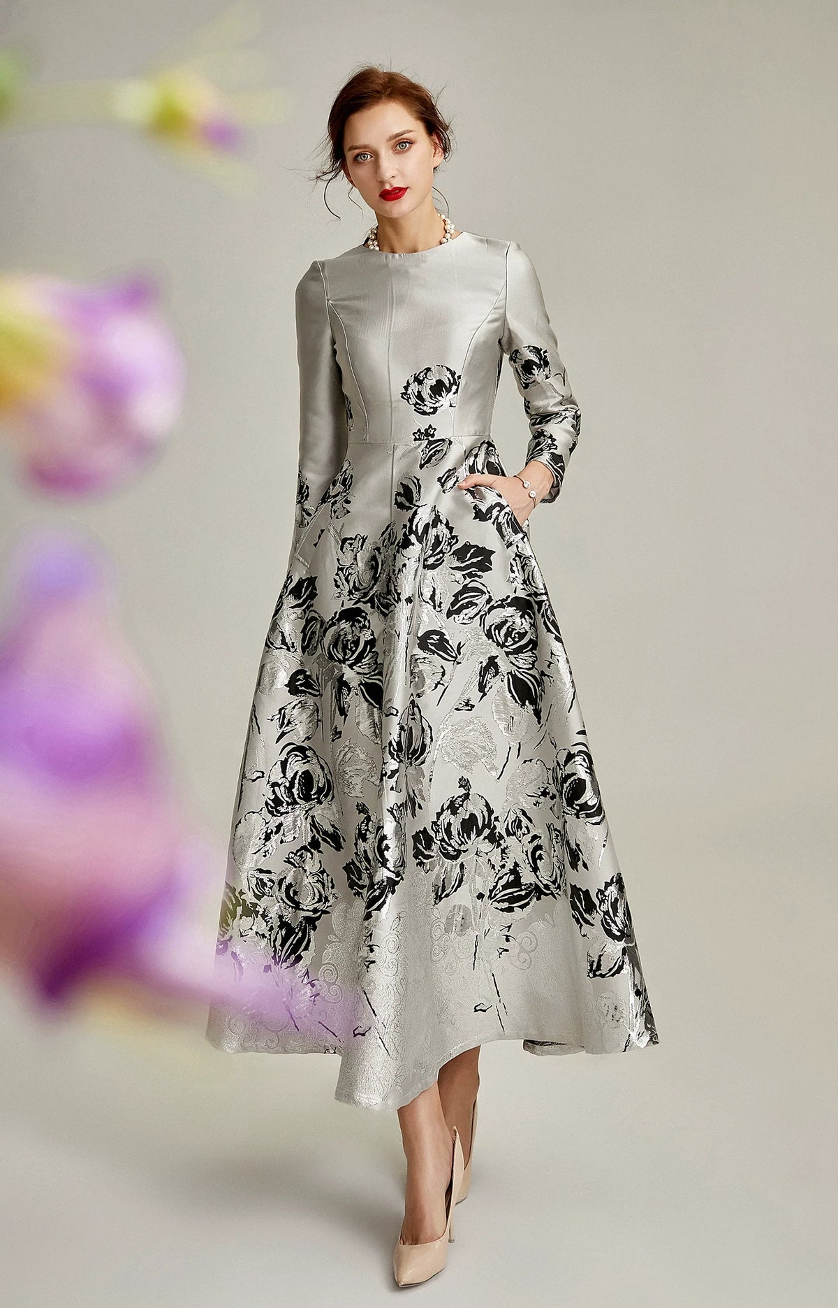 Silver Jacquard A-line Formal Mum Dress Midi Floral Satin – another front view, worn by a model