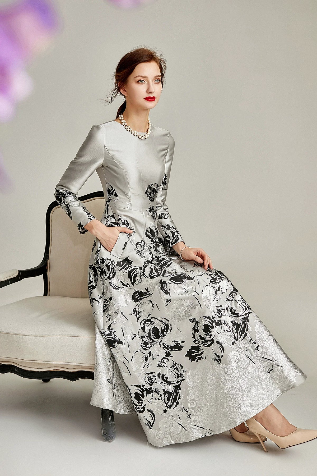 Silver Jacquard A-line Formal Mum Dress Midi Floral Satin – styled on a model
