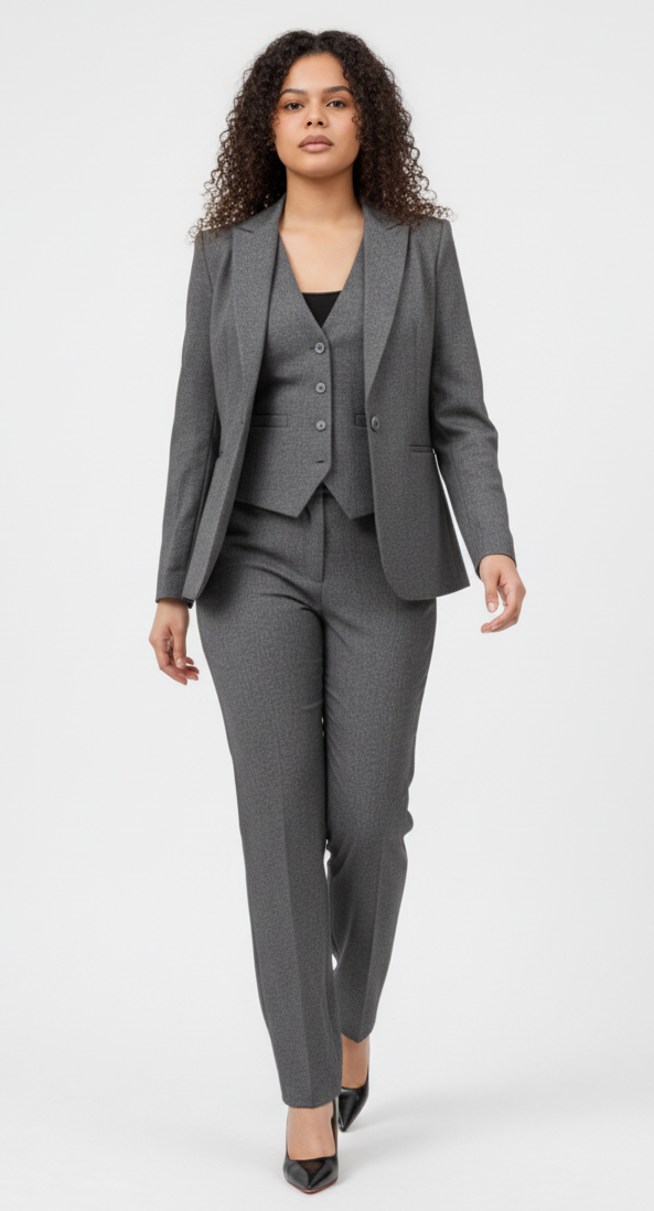 Slate Grey 3-Piece Power Trouser Suit Women’s Blazer Waistcoat Trousers – another front view, worn by a model