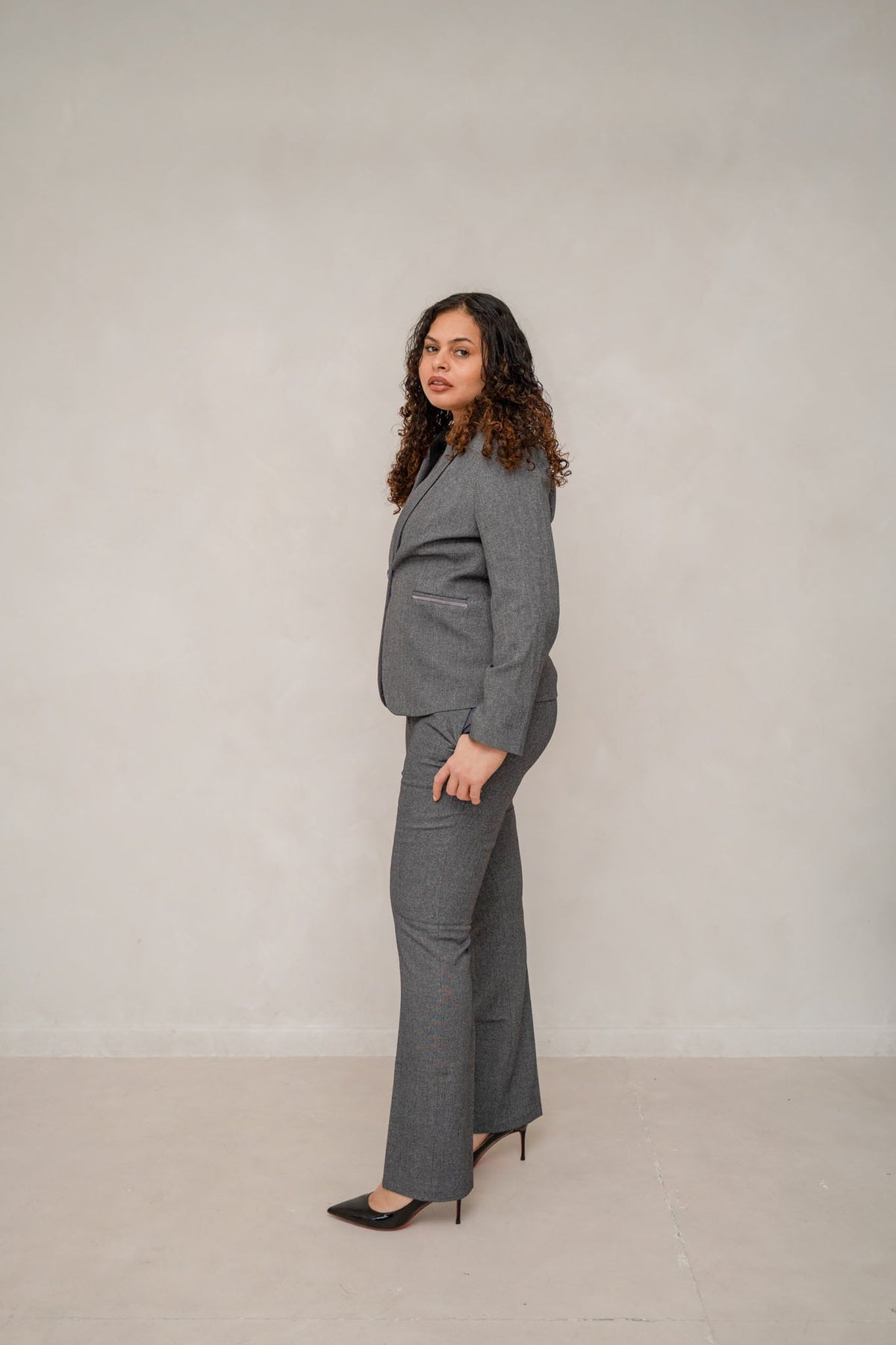 Slate Grey 3-Piece Power Trouser Suit Women’s Blazer Waistcoat Trousers – another front view, worn by a model
