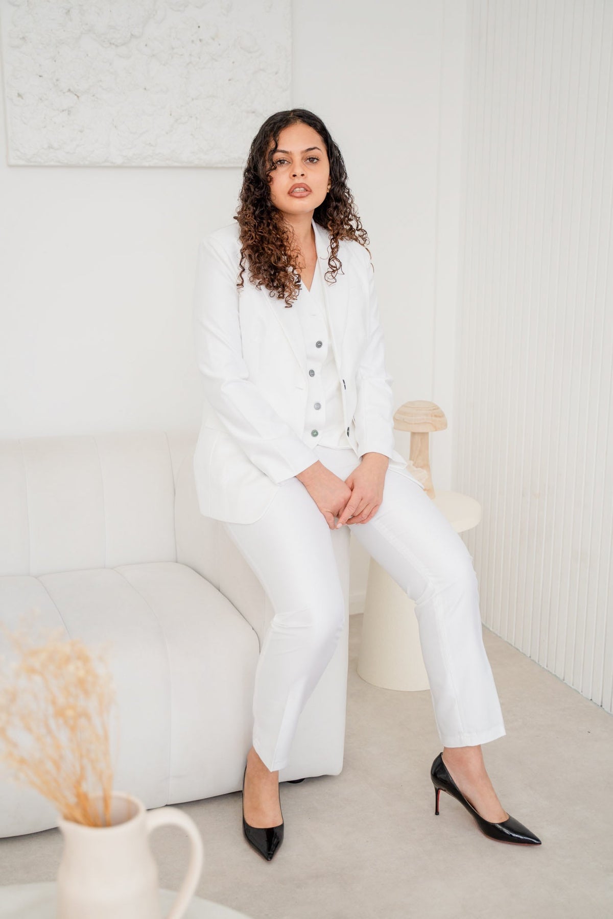 Snow White Spark 3-Piece Women’s Trouser Suit Satin Blazer Set – another front view, worn by a model