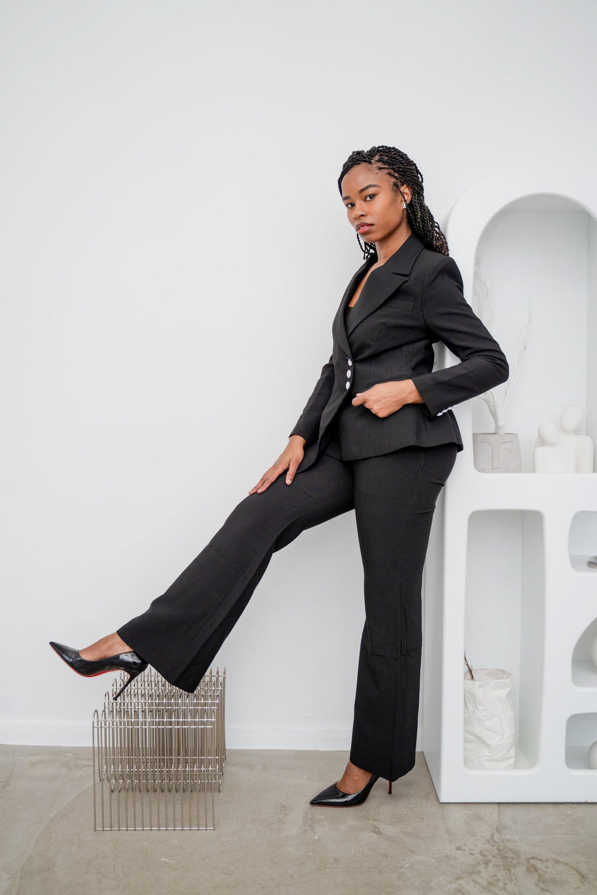 Asymmetrical Wide-Leg Black Trouser Suit Women's Tailored Blazer – another front view, worn by a model