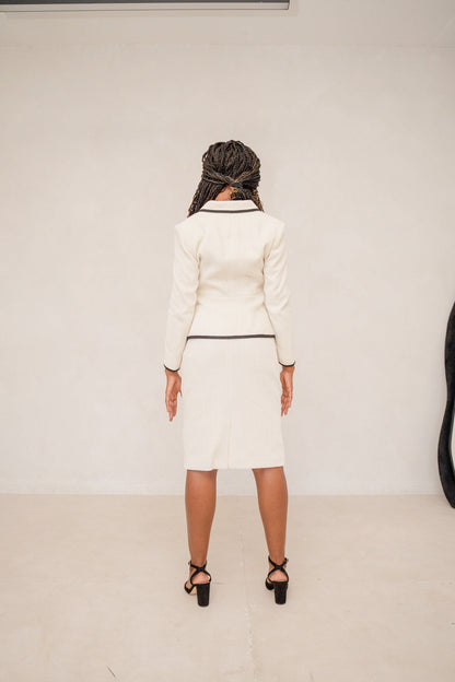 Beige Piped Peplum Tweed Skirt Suit Women’s Chequered Blazer Set – back view, worn by a model