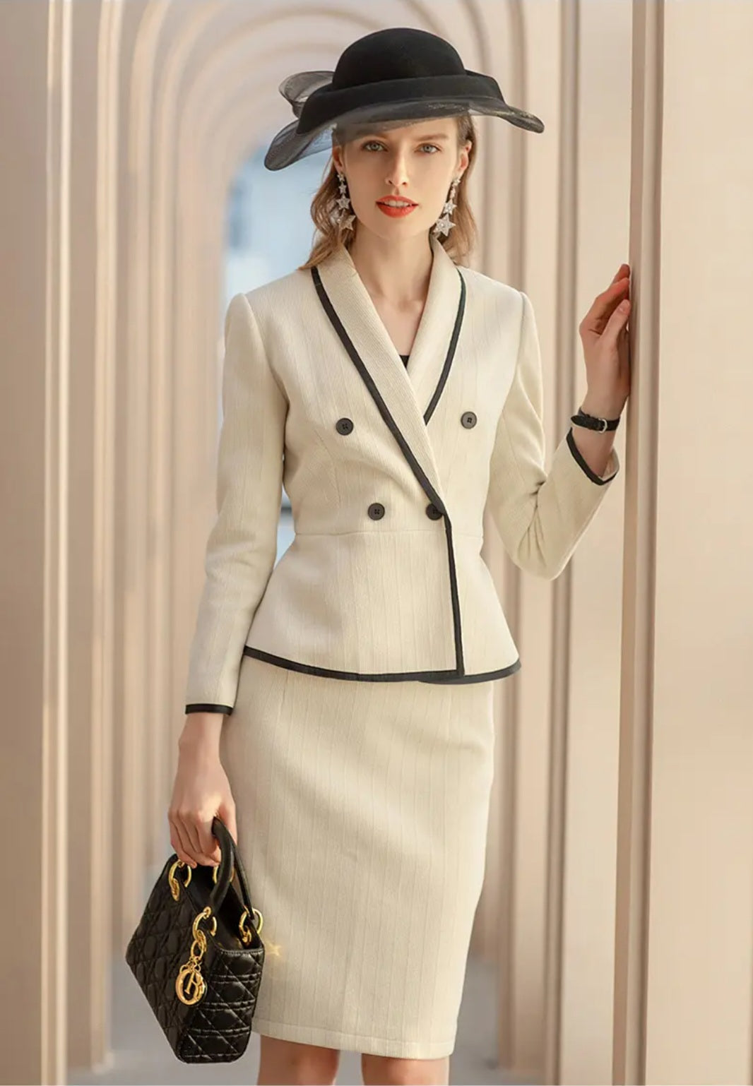Beige Piped Peplum Tweed Skirt Suit Women’s Chequered Blazer Set – front view, worn by a model