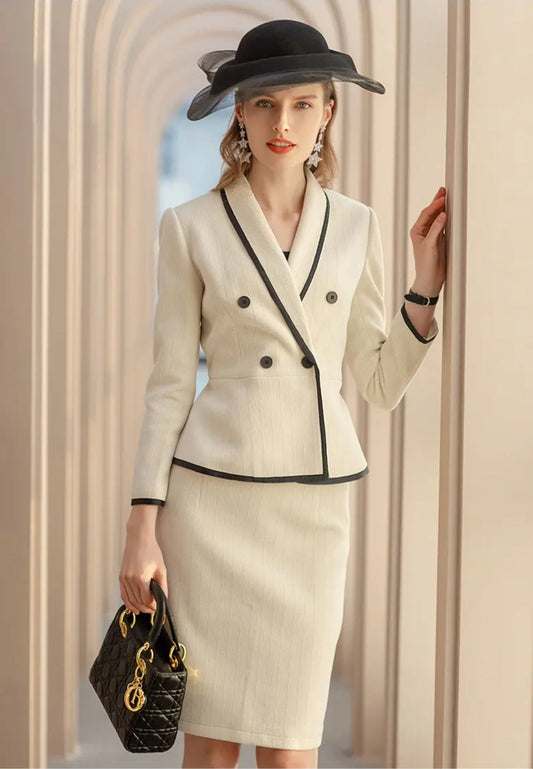 Beige Piped Peplum Tweed Skirt Suit Women’s Chequered Blazer Set – front view, worn by a model