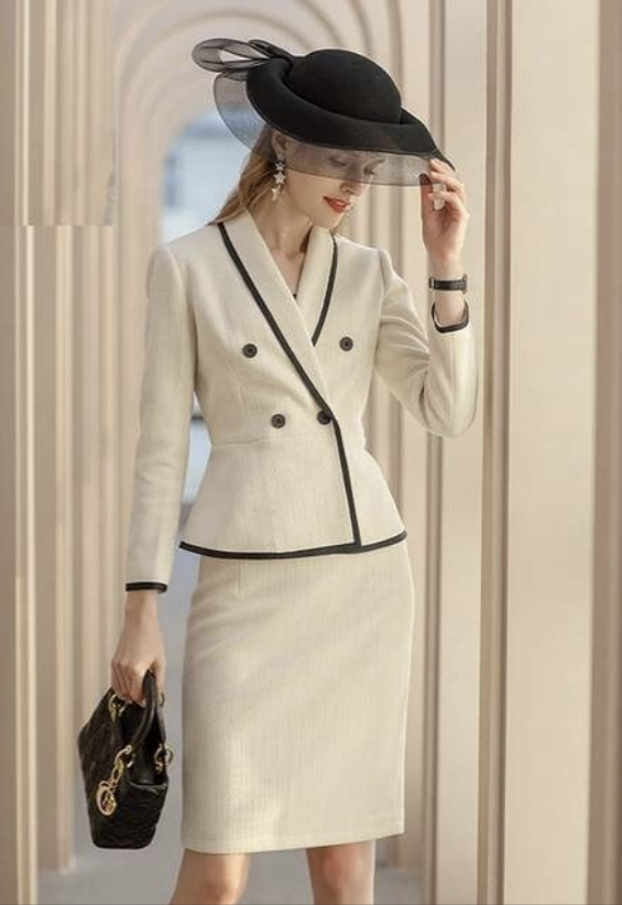 Beige Piped Peplum Tweed Skirt Suit Women’s Chequered Blazer Set – another front view, worn by a model