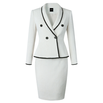 Beige Piped Peplum Tweed Skirt Suit Women’s Chequered Blazer Set – product shot on a plain background
