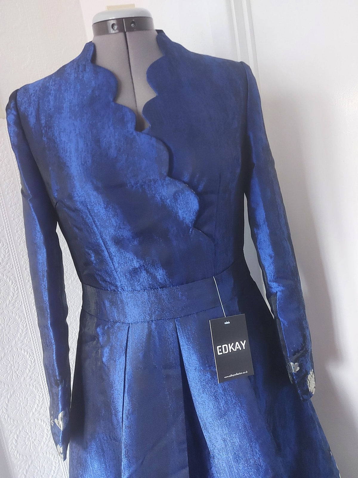 Blue Floral Brocade Formal Mum Dress Long Sleeve Tea-Length – close-up of the fabric and details