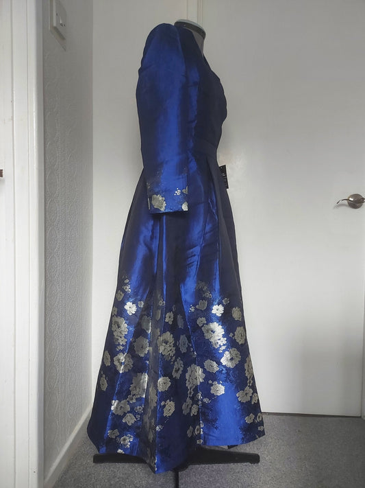 Blue Floral Brocade Formal Mum Dress Long Sleeve Tea-Length – shown on a dress form