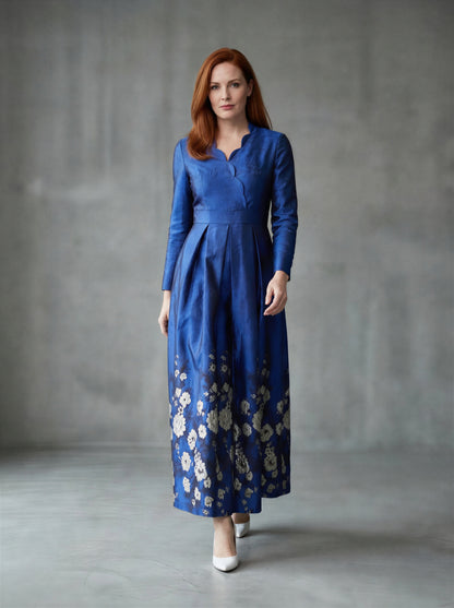 Blue Floral Brocade Formal Mum Dress Long Sleeve Tea-Length – another front view, worn by a model