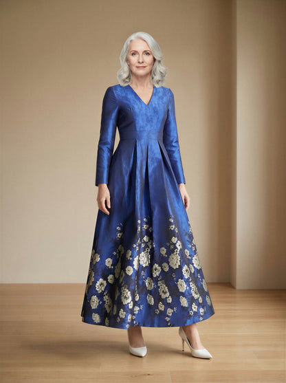 Blue Floral Brocade Formal Mum Dress Long Sleeve Tea-Length – another front view, worn by a model