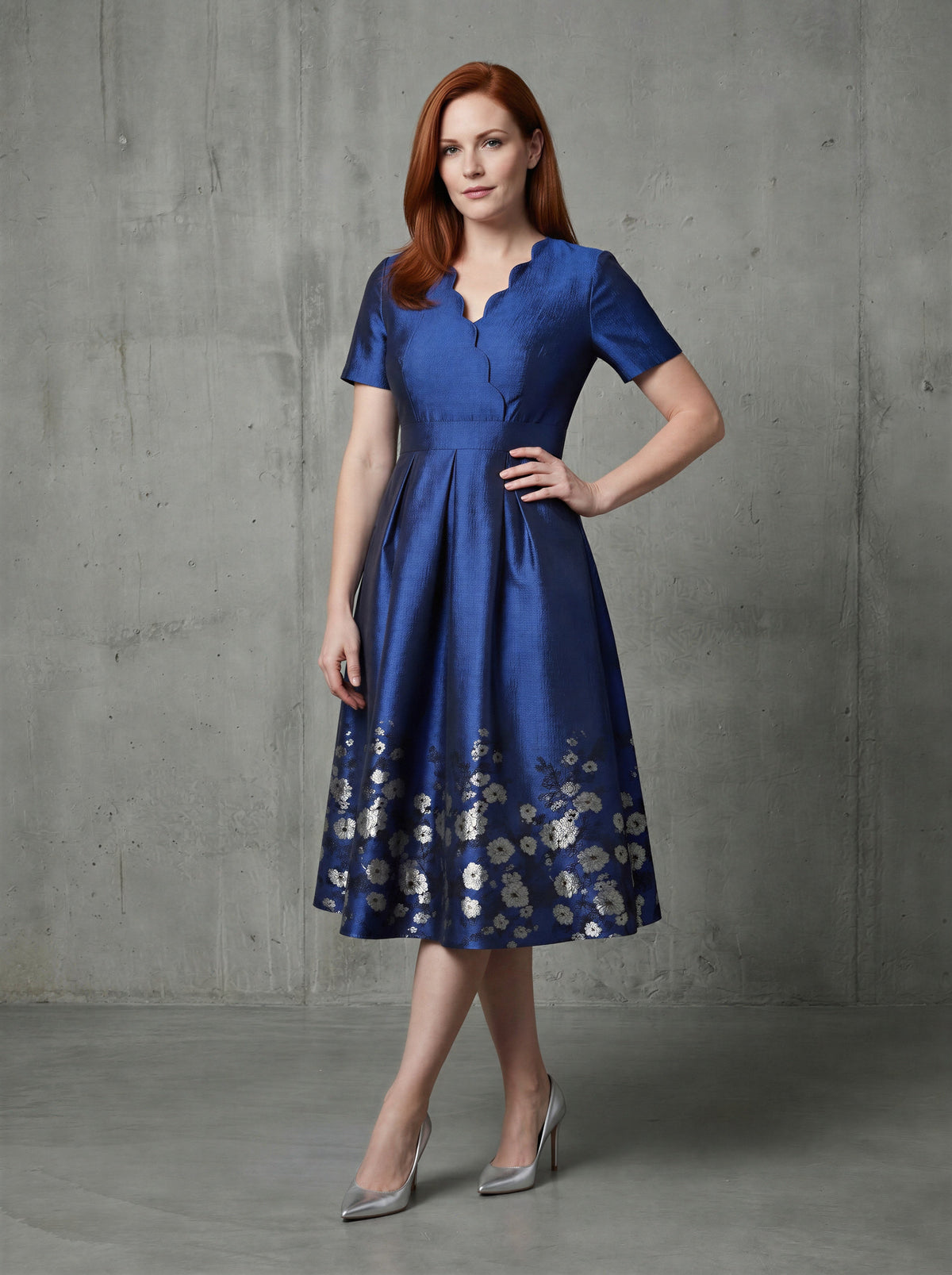 Blue Floral Jacquard A-Line Mum Dress Short Sleeves – front view, worn by a model