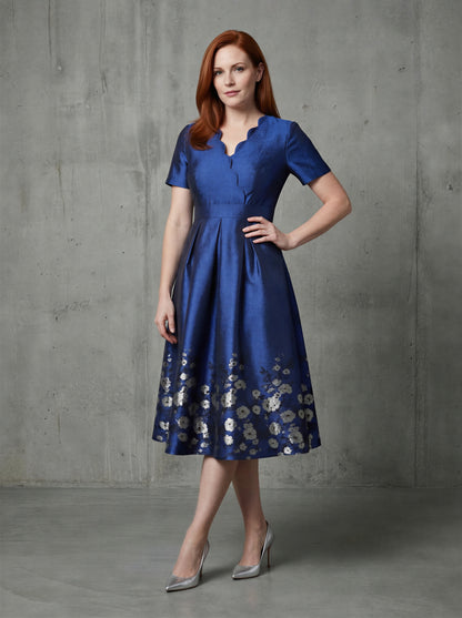 Blue Floral Jacquard A-Line Mum Dress Short Sleeves – front view, worn by a model
