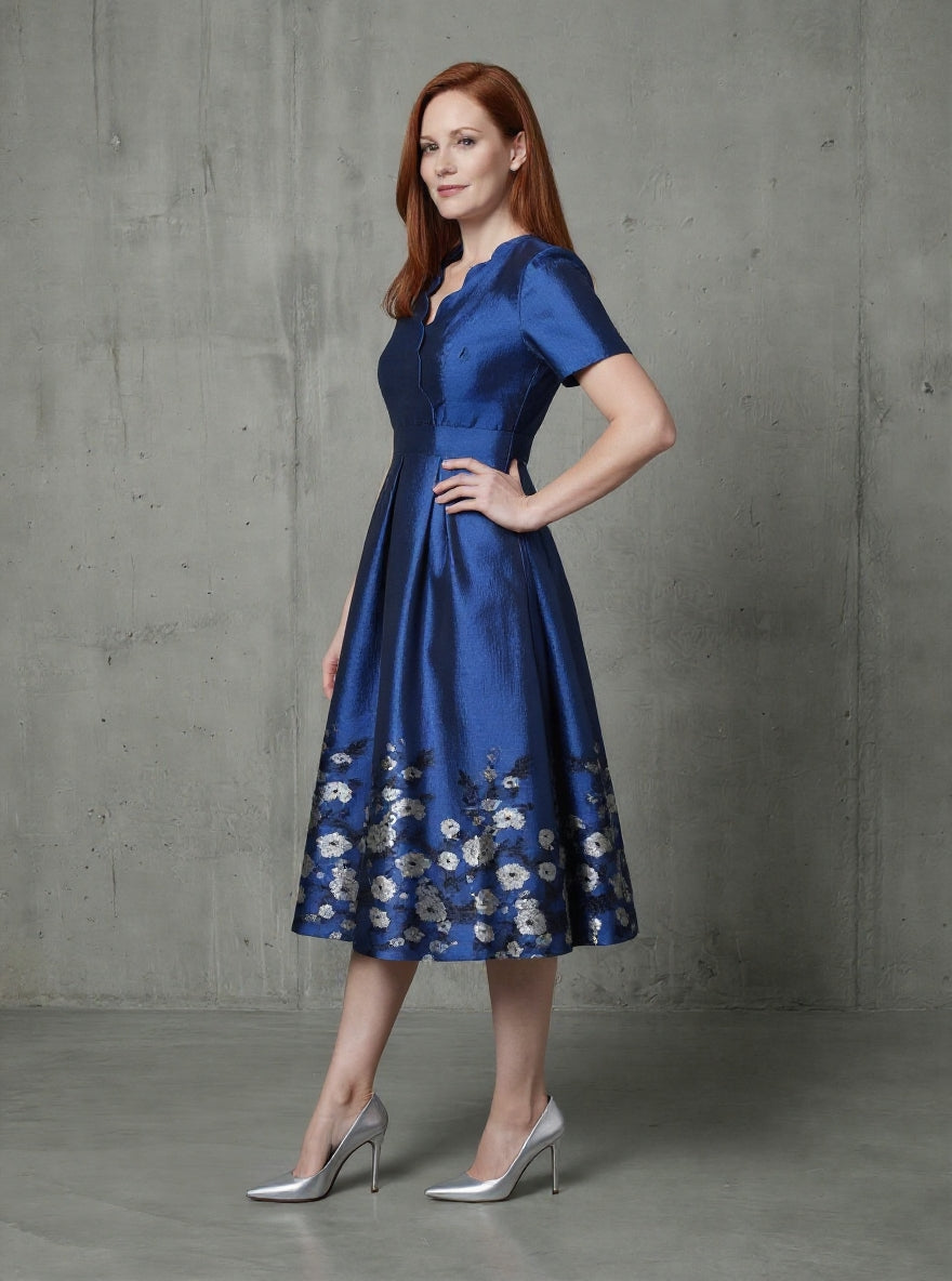 Blue Floral Jacquard A-Line Mum Dress Short Sleeves – another front view, worn by a model