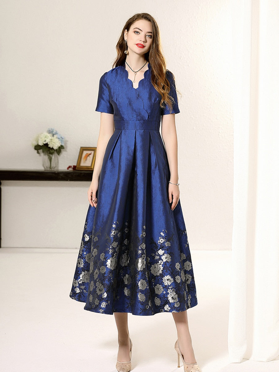 Blue Floral Jacquard A-Line Mum Dress Short Sleeves – another front view, worn by a model