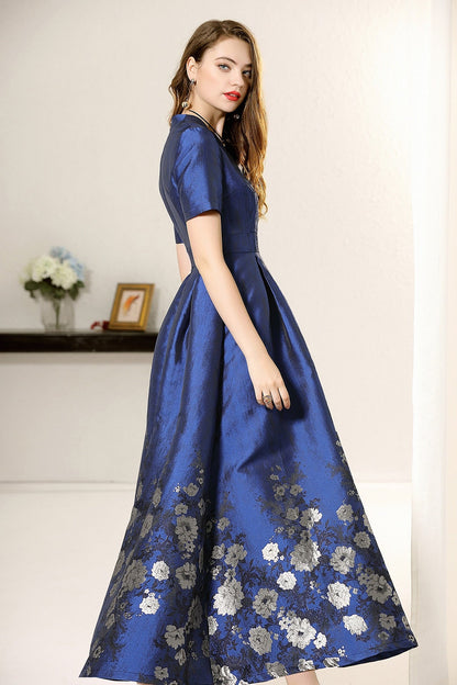 Blue Floral Jacquard A-Line Mum Dress Short Sleeves – another front view, worn by a model