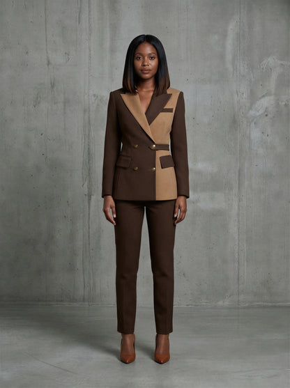 Brown Double Breasted Two-Tone Belted Trouser Suit Women's Suit – another front view, worn by a model