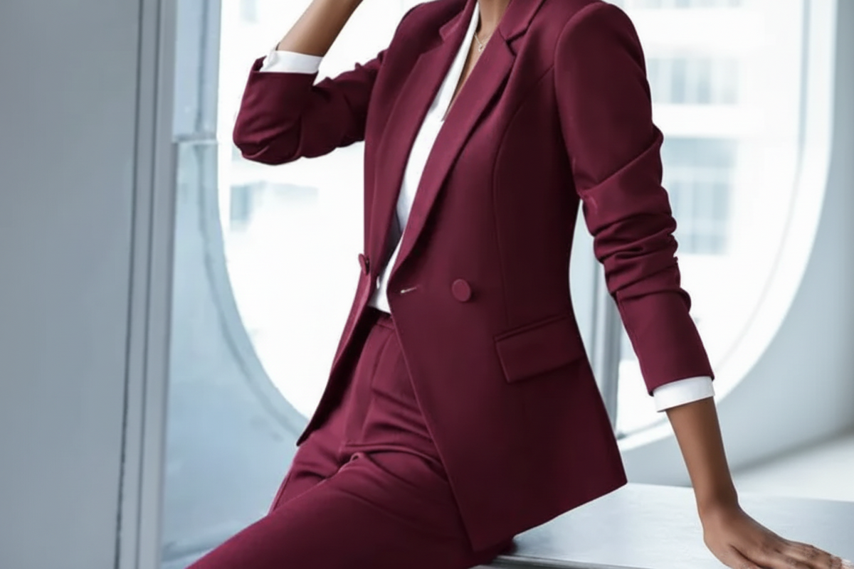 Burgundy 2-Piece Asymmetrical Trouser Suit Women's Suit – close-up of the fabric and details
