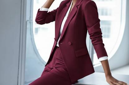 Burgundy 2-Piece Asymmetrical Trouser Suit Women's Suit – close-up of the fabric and details